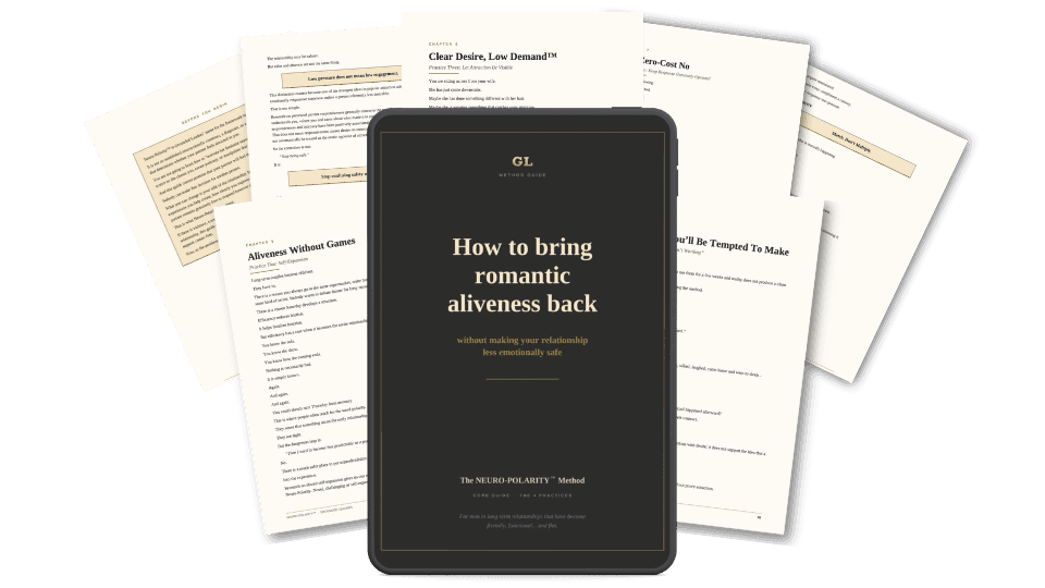 The Neuro-Polarity™ guide on a tablet, surrounded by sample pages from its chapters