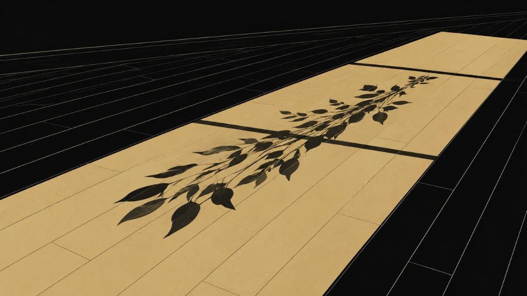 Warm sunlight falling across a dark floor, with the shadow of leaves in the light.