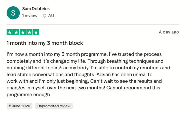 Trustpilot review from Sam Dobbrick, rated five stars: 1 month into my 3 month block.