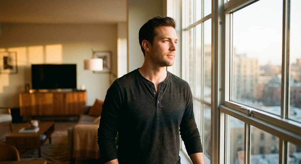 A grounded man at ease in his own home, calm and present