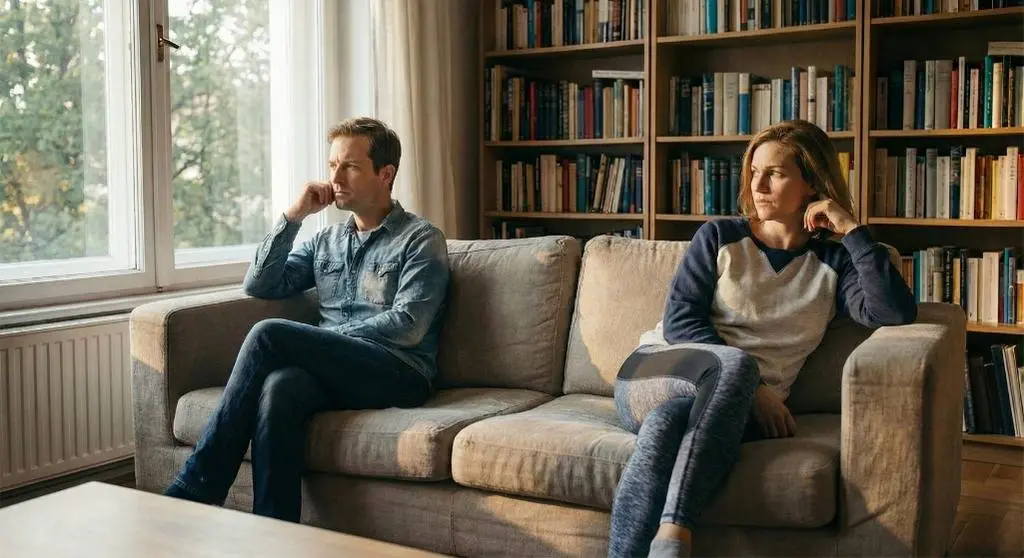 Couple sitting apart on a sofa in natural light, looking distant